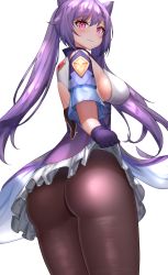 Rule 34 | 1girl, artist request, ass, bare shoulders, black pantyhose, blush, breasts, clothes lift, cone hair bun, dress, embarrassed, from behind, genshin impact, gloves, hair bun, highres, huge ass, keqing (genshin impact), large breasts, lifting own clothes, long hair, looking at viewer, looking down, pantyhose, purple eyes, purple hair, shiny clothes, shiny skin, short dress, sideboob, skirt, skirt hold, skirt lift, solo, twintails, vision (genshin impact), wavy mouth