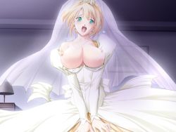 Rule 34 | 1girl, ail soft, akehime saki, alternate hairstyle, blonde hair, blush, breasts, breasts out, bridal veil, bride, dress, earrings, flower, game cg, girl on top, green eyes, hair up, huge breasts, jewelry, kyouhaku 2, lactation, large breasts, moaning, necklace, nipples, no bra, off shoulder, open mouth, ribahara aki, solo, sweat, veil, wedding dress