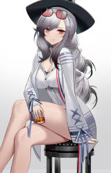 Rule 34 | 1girl, absurdres, azur lane, bare legs, black headwear, breasts, cleavage, commentary request, crossed legs, cup, drinking glass, dunkerque (afternoon venus) (azur lane), dunkerque (afternoon venus) (azur lane), dunkerque (azur lane), eternity (shadeh), eyewear on head, feet out of frame, gradient background, grey background, highres, holding, holding cup, jacket, large breasts, long hair, long sleeves, looking at viewer, official alternate costume, open clothes, open jacket, pink eyes, revision, shirt, silver hair, sitting, smile, solo, stool, sunglasses, thighs, white background, white jacket, white shirt