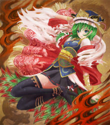 Rule 34 | 1girl, adapted costume, asymmetrical hair, bad id, bad pixiv id, black thighhighs, blue eyes, bracelet, buttons, clothes, dragon, embellished costume, female focus, green hair, hand on own head, hat, highres, jewelry, looking at viewer, obi, open mouth, patterned, ribbon, ring, sash, shiki eiki, short hair, skirt, solo, thighhighs, touhou, urabe michiru