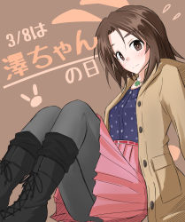 Rule 34 | 10s, 1girl, absurdres, black footwear, black pantyhose, blue shirt, boots, brown background, brown eyes, brown hair, brown sweater, casual, closed mouth, clover, collared shirt, commentary, cross-laced footwear, dated, four-leaf clover, girls und panzer, highres, isofude, jewelry, lace-up boots, leaning back, light smile, long sleeves, looking at viewer, medium skirt, necklace, pantyhose, parted bangs, pink skirt, pleated skirt, polka dot, polka dot shirt, sawa azusa, shirt, short hair, sitting, skirt, solo, sweater, translated