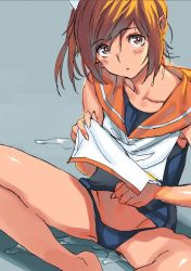 Rule 34 | 1girl, :o, barefoot, blue background, blush, brown eyes, brown hair, clothes lift, hair ornament, hairclip, i-401 (kancolle), kantai collection, lifting own clothes, looking at viewer, midriff, one-piece swimsuit, ponytail, sailor collar, sameda koban, school swimsuit, shirt lift, short ponytail, simple background, sitting, solo, swimsuit, swimsuit lift, swimsuit under clothes, tan