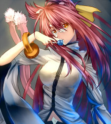Rule 34 | 1girl, animal ears, arc system works, blazblue, bow, bracelet, breasts, candy, cat ears, cat tail, food, glasses, hair bow, jewelry, kokonoe (blazblue), large breasts, lollipop, long hair, multiple tails, navel, pince-nez, pink hair, slit pupils, solo, tail, tasuku (1v1l), very long hair, yellow eyes