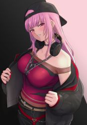 Rule 34 | 1girl, absurdres, alkyun, backwards hat, bare shoulders, belt, black hat, black headphones, black jacket, black pants, blush, brown belt, chain, commentary, earrings, english commentary, hat, headphones, headphones around neck, highres, hololive, hololive english, jacket, jewelry, long hair, long sleeves, mori calliope, mori calliope (new underworld order), multicolored clothes, multicolored jacket, nail polish, navel, necklace, off shoulder, pants, pink hair, red eyes, red nails, red shirt, shirt, two-tone jacket, virtual youtuber
