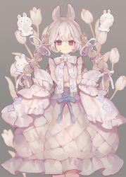 Rule 34 | 1girl, animal, blue bow, bow, braid, cha goma, closed mouth, commentary request, dress, frilled dress, frills, grey background, grey hair, hair between eyes, hair ribbon, highres, long hair, looking at viewer, original, rabbit, red eyes, ribbon, simple background, smile, solo, twin braids, twintails, very long hair, white bow, white dress, white ribbon