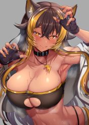 Rule 34 | 1girl, absurdres, animal ears, armpits, bare shoulders, biro-budou, blonde hair, blush, breasts, brown hair, cat ears, cat girl, collar, commentary request, commission, dark-skinned female, dark skin, fingerless gloves, gloves, grey background, hair between eyes, heart, heart-shaped pupils, highres, indie virtual youtuber, jewelry, large breasts, licking lips, looking at viewer, midriff, multicolored hair, necklace, nekoyo chloe, simple background, skeb commission, slime (substance), smile, solo, strapless, sweat, symbol-shaped pupils, tongue, tongue out, tube top, two-tone hair, virtual youtuber