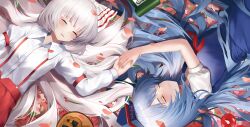 Rule 34 | 2girls, absurdres, blue dress, blue hair, blue headwear, blush, bow, closed eyes, closed mouth, collared shirt, commentary request, dobostorte, dress, fujiwara no mokou, hair bow, highres, holding hands, kamishirasawa keine, long hair, long sleeves, lying, multiple girls, neckerchief, on back, on side, parted lips, puffy short sleeves, puffy sleeves, red neckerchief, shirt, short sleeves, sleeping, sleeve garter, smile, suspenders, touhou, upper body, very long hair, white bow, white hair, white shirt