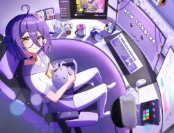 Rule 34 | 1girl, :3, absurdres, ahoge, black choker, bow, bowtie, chair, choker, collarbone, cup, desk, from above, gaming chair, glasses, hair between eyes, henya the genius, henya the genius (2nd costume), highres, kaminose (user veum4325), computer keyboard, livestream, microphone, monitor, computer mouse, pantyhose, purple hair, purple sailor collar, round eyewear, sailor collar, school uniform, shirt, short hair, sitting, sparkle, swivel chair, virtual youtuber, vshojo, white pantyhose, white shirt, yellow bow, yellow bowtie, yellow eyes
