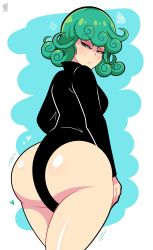 Rule 34 | 1girl, abstract background, absurdres, andro juniarto, anger vein, angry, ass, between buttocks, black dress, dress, green eyes, green hair, heart, highres, huge ass, jiggle, looking back, one-punch man, shiny skin, solo, tatsumaki, thick thighs, thighs, wide hips