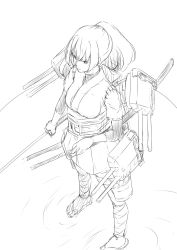 Rule 34 | 10s, 1girl, ankle wrap, from above, frown, greyscale, hakama, hakama skirt, highres, ise (kancolle), japanese clothes, kantai collection, leg wrap, long hair, monochrome, niwatazumi, ponytail, rigging, sandals, shirt, sketch, skirt, solo, standing, standing on liquid, tight clothes, tight shirt, turret, undershirt, white background