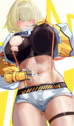 Rule 34 | 1girl, absurdres, ahoge, areola slip, black gloves, black sports bra, blonde hair, blush, breasts, clothing cutout, crop top, crop top overhang, cropped sweater, elegg (nikke), exposed pocket, finger to mouth, gloves, goddess of victory: nikke, grey shorts, hair intakes, hair over eyes, hand on own stomach, highres, large breasts, long bangs, long sleeves, micro shorts, multicolored clothes, multicolored gloves, multicolored hair, navel, nipples, purple eyes, short hair, shorts, shoulder cutout, skindentation, slug 1356, solo, sports bra, suspender shorts, suspenders, sweat, thigh strap, thighs, torn clothes, two-tone hair, yellow gloves