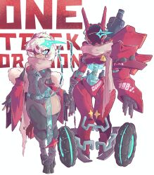 Rule 34 | 2girls, absurdres, android, breasts, exclamation mark, gynoid, highres, looking at viewer, mecha girl, medium breasts, multiple girls, original, robot, robot girl, scarf, sign, wheel, white hair