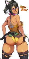 Rule 34 | 1girl, 2021, animal ears, ass, ass grab, ass support, bilena, black gloves, black hair, blush, boots, breasts, cat ears, cat tail, character request, cowboy shot, dappou tamer no nariagari boukentan - s-rank bishoujo boukensha ga ore no juuma ni na!, dark-skinned female, dark skin, deep skin, fang, fingerless gloves, from behind, gloves, grabbing own ass, hair between eyes, hands on own ass, heart, highres, large breasts, legs apart, leotard, looking at viewer, looking back, multicolored hair, ookuma nekosuke, open mouth, pink eyes, shiny skin, short hair with long locks, simple background, smile, solo, standing, tail, thick thighs, thighhighs, thighs, translation request, two-tone hair, white background, white hair, yellow leotard