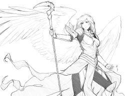 Rule 34 | 1girl, absurdres, angel, angel wings, arm armor, armor, black eyes, boobplate, breastplate, feathered wings, greyscale, highres, holding, holding weapon, huge filesize, leg armor, less, long hair, looking to the side, monochrome, pauldrons, shoulder armor, simple background, solo, staff, turtleneck, weapon, white background, wings