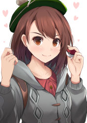 Rule 34 | &gt;:), 1girl, absurdres, blush, brown eyes, brown hair, closed mouth, coat, collarbone, commentary request, creatures (company), game freak, gloria (pokemon), green hat, grey coat, hands up, hat, heart, highres, holding, holding poke ball, hood, hooded coat, kanzaki kureha, long sleeves, nintendo, petals, poke ball, poke ball (basic), pokemon, pokemon swsh, serious, short hair, simple background, smile, solo, tam o&#039; shanter, upper body, white background