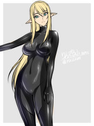 Rule 34 | arm at side, bad id, bad pixiv id, blonde hair, bodysuit, border, breasts, covered navel, cowboy shot, elf, flat color, green eyes, grey background, impossible bodysuit, impossible clothes, latex, latex bodysuit, latex suit, long hair, looking at viewer, nxzzm, original, outstretched hand, pointy ears, shiny clothes, signature, skin tight, smile, solo, white border