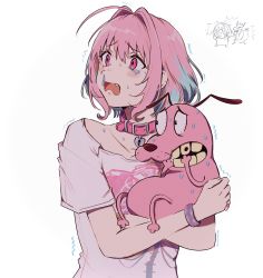 Rule 34 | 1girl, ahoge, blue hair, collar, collarbone, courage (character), courage the cowardly dog, crossover, fang, hamachamu, heart-shaped lock, heart collar, highres, idolmaster, idolmaster cinderella girls, multicolored hair, open mouth, pink collar, pink eyes, pink hair, pink wristband, scared, shirt, simple background, skeleton print, snot trail, sweat, t-shirt, tears, two-tone hair, white background, yumemi riamu