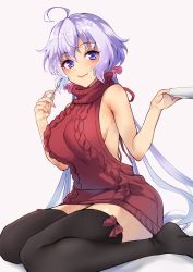 Rule 34 | 1girl, ahoge, backless outfit, bare arms, bare shoulders, black thighhighs, bow, bow legwear, breasts, closed mouth, dress, eating, food, food on face, fork, hair ornament, hair scrunchie, holding, holding fork, holding plate, large breasts, long hair, looking at viewer, low twintails, meme attire, plate, plum (arch), purple eyes, purple hair, red bow, red dress, red sweater, scrunchie, senki zesshou symphogear, sideboob, simple background, sitting, solo, sweater, sweater dress, thighhighs, turtleneck, turtleneck sweater, twintails, very long hair, virgin killer sweater, wariza, wavy mouth, white background, yukine chris, zettai ryouiki