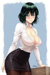 Rule 34 | 1girl, alternate costume, arm behind back, arm support, artist name, black pantyhose, black skirt, blue eyes, blush, breasts, cleavage, collared shirt, commentary, corrupted twitter file, english commentary, fubuki (one-punch man), green eyes, green hair, grin, highres, jedbanner, large breasts, long sleeves, looking at viewer, office lady, one-punch man, pantyhose, partially unbuttoned, pencil skirt, shirt, shirt tucked in, short hair, skirt, smile, solo, white shirt