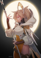 1girl absurdres adapted_costume armor artist_name blonde_hair breastplate closed_eyes closed_mouth cowboy_shot cross epaulettes female_focus fingernails hair_ornament hair_tie haje halo hand_up headgear highres holding holding_staff hood hood_down long_fingernails long_sleeves mechanical_halo mercy_(overwatch) overwatch overwatch_1 pelvic_curtain ponytail red_cross rope short_hair shoulder_pads side_slit smile solo staff standing turtleneck