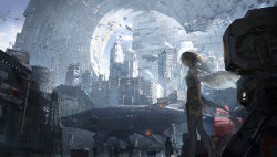 Rule 34 | 1girl, angel wings, architecture, breasts, building, city, cityscape, commentary, dress, english commentary, faceless, feathered wings, feathers, feet out of frame, gradient hair, grey dress, grey hair, highres, looking at viewer, megastructure, multicolored hair, original, qosic, red eyes, robot, scenery, science fiction, shadow, side slit, sky, skyscraper, sleeveless, solo focus, spacecraft, thigh strap, thighhighs, white hair, white wings, wings