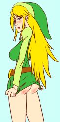 Rule 34 | 1girl, artist request, ass, back, bare back, bare legs, belt, blonde hair, blue eyes, blush, breasts, cosplay, covering privates, covering ass, crossdressing, crossover, embarrassed, hat, highres, link, link (cosplay), long hair, long sleeves, looking back, metroid, nintendo, open mouth, samus aran, simple background, solo, super smash bros., the legend of zelda, thighs, third-party source, tunic