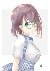 Rule 34 | 1girl, absurdres, apron, black hair, blue-framed eyewear, blue bow, blue bowtie, bow, bowtie, employee uniform, fyuo, gingham apron, glasses, green eyes, highres, kantai collection, kobeya, kobeya uniform, looking at viewer, multicolored hair, okinami (kancolle), one-hour drawing challenge, pink hair, pleated shirt, shirt, short hair, simple background, solo, uniform, upper body, waitress, white background, white shirt