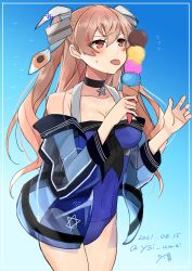 Rule 34 | 1girl, absurdres, artist name, blue background, blue one-piece swimsuit, breasts, brown eyes, casual one-piece swimsuit, commentary request, cowboy shot, dated, food, gradient background, hair ornament, highres, ice cream, ice cream cone, jacket, johnston (kancolle), kantai collection, licking, light brown hair, long hair, medium breasts, one-piece swimsuit, see-through, see-through jacket, solo, standing, swimsuit, tongue, tongue out, too many, too many scoops, toriniku senshi chikinman, two side up
