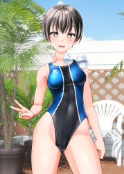 Rule 34 | 1girl, absurdres, black hair, black one-piece swimsuit, blue sky, breasts, brown eyes, cameltoe, chair, clothes writing, cloud, collarbone, commentary request, competition swimsuit, contrail, covered navel, cowboy shot, day, highleg, highres, logo, looking at viewer, medium breasts, multicolored clothes, multicolored swimsuit, one-piece swimsuit, original, outdoors, photo background, plant, potted plant, short hair, sky, solo, string of flags, swimsuit, takafumi, tomboy, v
