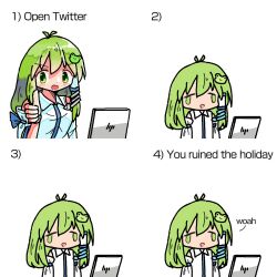 Rule 34 | 1girl, comic, computer, detached sleeves, english text, face of the people who sank all their money into the fx (meme), frog hair ornament, green eyes, green hair, hair ornament, kasuya baian, kochiya sanae, laptop, long hair, matching hair/eyes, meme, numbered panels, touhou