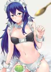 Rule 34 | 1girl, ameno (a meno0), apron, bad id, bad twitter id, bare arms, bed sheet, bikini, black bra, blue eyes, blue hair, blurry, blurry foreground, blush, bra, breasts, closed mouth, collarbone, commentary request, detached collar, fingernails, fire emblem, fire emblem awakening, food, frill trim, frills, gelatin, grey background, hair between eyes, hand up, long hair, looking at viewer, lucina (fire emblem), maid, maid apron, maid bikini, maid headdress, midriff, navel, nintendo, plate, simple background, sitting, small breasts, solo, spoon, strapless, strapless bra, sweatdrop, swimsuit, unconventional maid, underwear, wrist cuffs