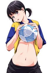 Rule 34 | 1girl, :d, ball, black hair, black shorts, blush, clothes lift, cowboy shot, eyebrows, grey eyes, hair tie, head tilt, highres, holding, holding ball, lifting own clothes, low twintails, matsunaga kouyou, navel, open mouth, original, shirt lift, short sleeves, shorts, smile, soccer ball, soccer jersey, soccer uniform, solo, sportswear, stomach, twintails