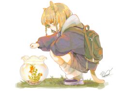 Rule 34 | 1girl, animal ear fluff, animal ears, backpack, bag, blue jacket, braid, brown hair, cat ears, cat girl, cat tail, fish, fishbowl, from side, goldfish, grass, highres, hood, hood down, jacket, leg warmers, long sleeves, man015s, mouth hold, original, profile, red eyes, shoes, short hair, shorts, side braids, signature, simple background, solo, squatting, tail