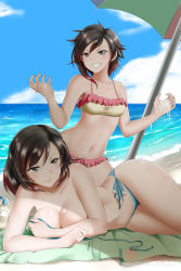 Rule 34 | 2girls, beach, bikini, black hair, blue bikini, blue sky, breasts, cleavage, closed mouth, cloud, collarbone, covering privates, covering breasts, covering one breast, day, frilled bikini, frills, gradient hair, grey eyes, grin, hair between eyes, highres, kimmy77, kneeling, large breasts, lotion, lying, medium breasts, mother and daughter, multicolored hair, multiple girls, navel, ocean, on side, outdoors, parasol, red hair, ruby rose, rwby, shiny skin, short hair, sky, smile, summer rose, sunscreen, swimsuit, umbrella, untied bikini