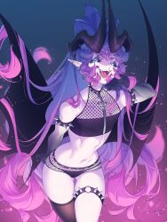 Rule 34 | absurdres, armlet, black sclera, blue eyes, choker, colored sclera, cowboy shot, demon horns, demon wings, fangs, gluteal fold, gradient hair, highres, horns, inverted cross earrings, long hair, looking at viewer, lunecifer, multicolored hair, navel, open mouth, original, piercing, pink hair, pointy ears, ponytail, purple hair, single thighhigh, spiked armlet, spiked choker, spiked thighlet, spikes, teeth, thighhighs, tongue, tongue piercing, very long hair, wings, zipper, zipper pull tab