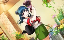 Rule 34 | 1girl, artist name, artist request, backpack, bag, bare legs, bare shoulders, black wings, blue hair, blush, bouquet, breasts, female focus, floating hair, flower, flower shop, green pants, hair bun, hair ornament, highres, holding, holding bouquet, indoors, long hair, looking at viewer, love live!, love live! school idol festival, love live! school idol festival all stars, love live! sunshine!!, pants, parted lips, pink eyes, polka dot, polka dot scrunchie, purple eyes, red scrunchie, scrunchie, shirt, shop, short sleeves, side bun, single hair bun, smile, solo, tsushima yoshiko, v-shaped eyebrows, watch, white shirt, wings, wrist scrunchie, wristwatch, x hair ornament