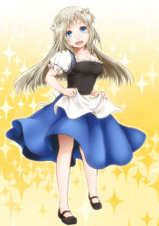 Rule 34 | 1girl, alternate breast size, apron, bad id, bad pixiv id, blue eyes, dirndl, dress, fang, full body, german clothes, head wreath, little busters!, long hair, mary janes, misumi kouji, noumi kudryavka, shoes, silver hair, traditional clothes