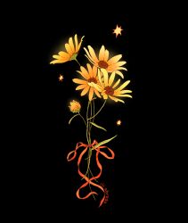 Rule 34 | black-eyed susan, black background, bow, bud, commentary, downscaled, english commentary, flower, flower focus, glowing, leaf, no humans, original, paid reward available, red bow, red ribbon, resized, ribbon, rii abrego, signature, simple background, sparks, yellow flower