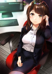 Rule 34 | 1girl, absurdres, adjusting hair, ao ao konno, blazer, blush, brown eyes, brown hair, chair, closed mouth, collared shirt, dress shirt, from above, highres, indoors, jacket, keyboard (computer), looking at viewer, mole, mole under eye, monitor, office, office chair, office lady, open clothes, open jacket, original, pantyhose, paper, pencil skirt, shirt, sitting, skirt, smile, sticky note, swept bangs, swivel chair, white shirt