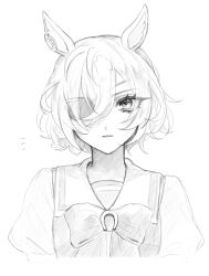 Rule 34 | 1girl, absurdres, animal ears, bow, commentary request, cropped torso, eyepatch, greyscale, hair between eyes, highres, horse ears, looking at viewer, monochrome, notice lines, parted lips, puffy sleeves, school uniform, shirt, short hair, solo, sy a3, tanino gimlet (umamusume), tracen school uniform, umamusume, upper body