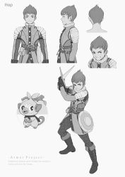 Rule 34 | 1boy, alternate costume, armor, belt, boot straps, boots, buttons, chainmail, character name, closed mouth, commentary, copyright name, creatures (company), fighting stance, game freak, gen 8 pokemon, gloves, greyscale, grin, grookey, highres, holding, holding sword, holding weapon, hop (pokemon), kazuko (towa), legs apart, male focus, monochrome, multiple views, nintendo, pokemon, pokemon (creature), pokemon swsh, pouch, shield, short hair, shoulder armor, simple background, smile, standing, stick, studs, sword, teeth, weapon, white background