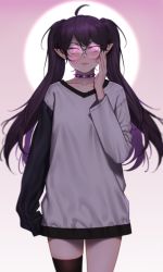 Rule 34 | 1girl, ahoge, asymmetrical sleeves, black sleeves, black thighhighs, choker, closed mouth, commentary, cowboy shot, english commentary, glasses, gradient background, grey shirt, hair between eyes, highres, lips, long sleeves, looking at viewer, mismatched sleeves, original, pointy ears, purple choker, purple eyes, round eyewear, shirt, single thighhigh, solo, spiked choker, spikes, sun, thighhighs, twintails, weyowang