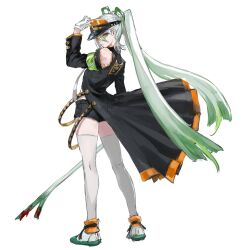 Rule 34 | 1girl, armband, black coat, black shorts, blood, closed mouth, coat, creatures (company), fighting miku (project voltage), full body, game freak, gloves, gradient hair, green armband, green hair, hand on headwear, hatsune miku, highres, holding, long hair, looking at viewer, multicolored hair, nintendo, orange hair, osakana (denpa yun&#039;yun), pokemon, project voltage, safety pin, short shorts, shorts, simple background, solo, spring onion, standing, streaked hair, thighhighs, twintails, very long hair, visor cap, vocaloid, white background, white gloves, white hair, yellow eyes