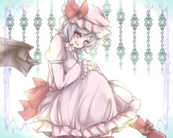 Rule 34 | 1girl, bat wings, boots, dress, fang, hand on hand, hand on own knee, hat, hat ribbon, karuga (magusfly24), knees together feet apart, light purple hair, long dress, looking at viewer, pink dress, red eyes, remilia scarlet, ribbon, short hair, sitting, smile, smiley face, solo, touhou, wings