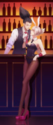 Rule 34 | 1boy, 1girl, absurdres, alternate costume, animal ears, bar (place), bare shoulders, bartender, battle bunny riven, black hair, bottle, breasts, carrot, cleavage, detached collar, dress shirt, eye contact, closed eyes, fake animal ears, folded ponytail, full body, gloves, high heels, highres, kezi, league of legends, leotard, lips, long legs, looking at another, medium breasts, necktie, necktie grab, neckwear grab, pantyhose, pink eyes, pink heels, playboy bunny, rabbit ears, red eyes, riven (league of legends), scar, scar on face, scar on nose, shirt, shoes, short hair, single glove, vest, white hair, wrist cuffs, yasuo (league of legends)