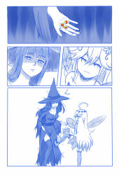 Rule 34 | 10s, 2girls, ^^^, ahoge, bag, blue theme, breasts, candy corn, character request, choker, cleavage, closed mouth, collarbone, comic, detached sleeves, dress, eyebrows, fairy, fairy wings, frown, hair between eyes, halloween, halloween costume, hat, head wreath, highres, kicking, leopard (yatterman), long hair, looking down, looking up, medium breasts, mole, mole under mouth, monochrome, multiple girls, profile, sketch, spot color, standing, sweatdrop, thighhighs, viperxtr, wings, witch, witch hat, yoru no yatterman