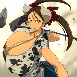 Rule 34 | &gt;:), 1girl, adze, animal print, apron, breasts, brown hair, cleavage, covered erect nipples, cow girl, cow horns, cow print, curvy, from side, gigantic breasts, gloves, gradient background, grey horns, hair ornament, hair scrunchie, hataraki ari, hoe, horns, looking at viewer, original, parted lips, print shirt, rock, scrunchie, shirt, short sleeves, smile, solo, sukimi, twintails, upper body, v-shaped eyebrows, white gloves, worktool, yellow eyes