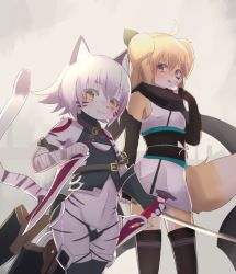 Rule 34 | 2girls, blonde hair, blush, boots, brown eyes, cat, dog, fate/apocrypha, fate/grand order, fate (series), furry, jack the ripper (fate/apocrypha), koha-ace, kyuuri, multiple girls, ninja, ninja costume, okita souji (fate), okita souji (koha-ace), panties, scarf, short hair, sword, thighhighs, tongue, tongue out, underwear, weapon, white hair