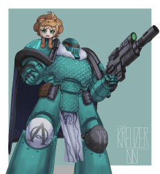 Rule 34 | adeptus astartes, ahoge, animal costume, animal ears, armor, artoria pendragon (all), artoria pendragon (fate), blonde hair, breastplate, chaos space marine, coat, commission, explosive, fate (series), green armor, green background, green eyes, grenade, highres, holding, holding weapon, kreuzer 00, lion, lion costume, looking at viewer, pauldrons, pointing, pointing at viewer, power armor, red eyes, saber lion, scales, shoulder armor, sidelocks, twitter username, warhammer 40k, weapon