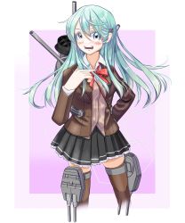 Rule 34 | 1girl, absurdres, adapted costume, aqua eyes, aqua hair, blazer, bow, bowtie, brown jacket, brown skirt, brown thighhighs, burckhardt, cardigan, commentary request, cowboy shot, cropped legs, hair ornament, hairclip, highres, jacket, kantai collection, kumano (kancolle), long hair, one-hour drawing challenge, pleated skirt, red bow, red bowtie, school uniform, skirt, solo, standing, suzuya (kancolle), thighhighs